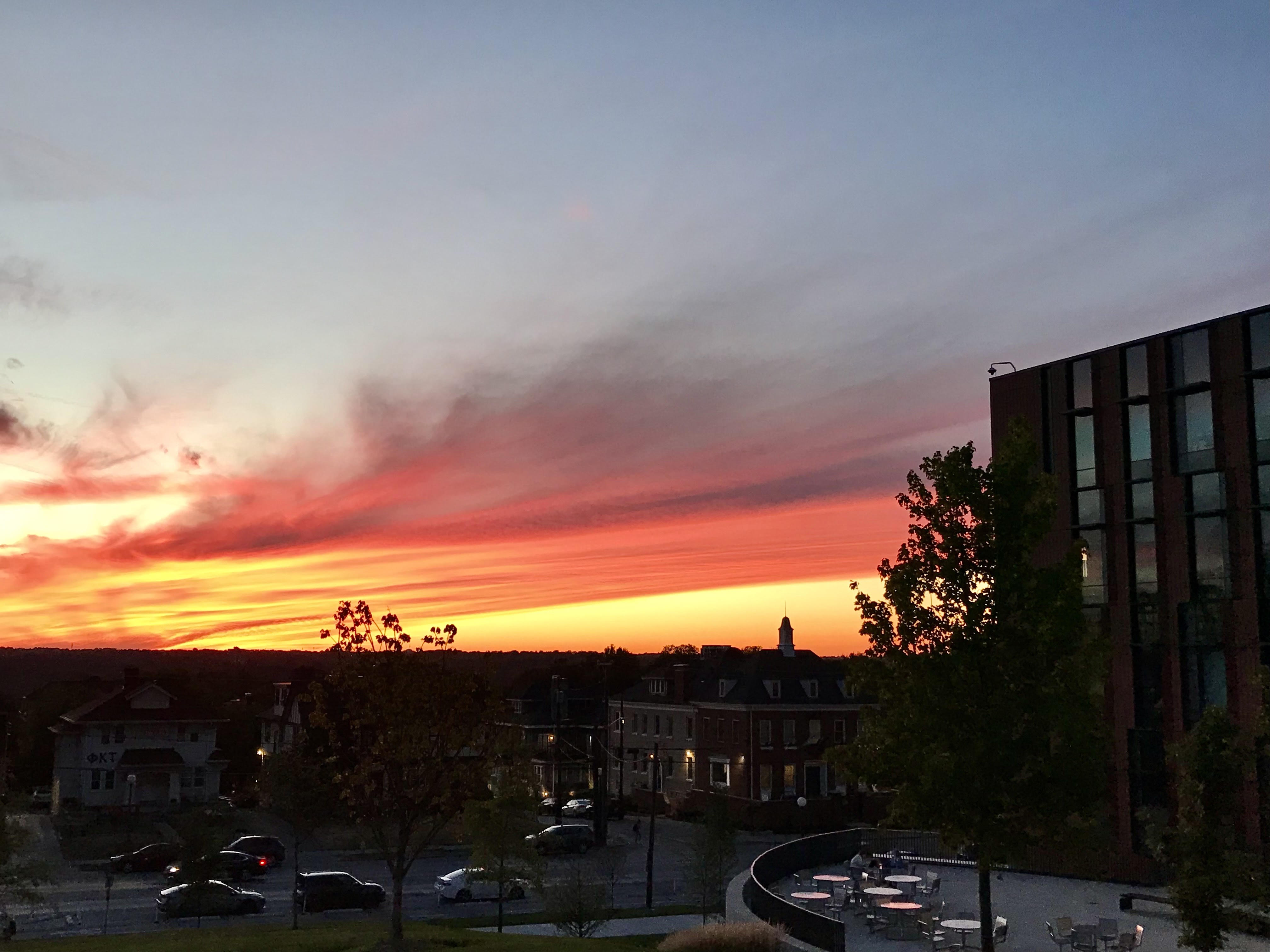 Picture of outdoor lounge area at University of Cincinnati overlooking pretty sunset